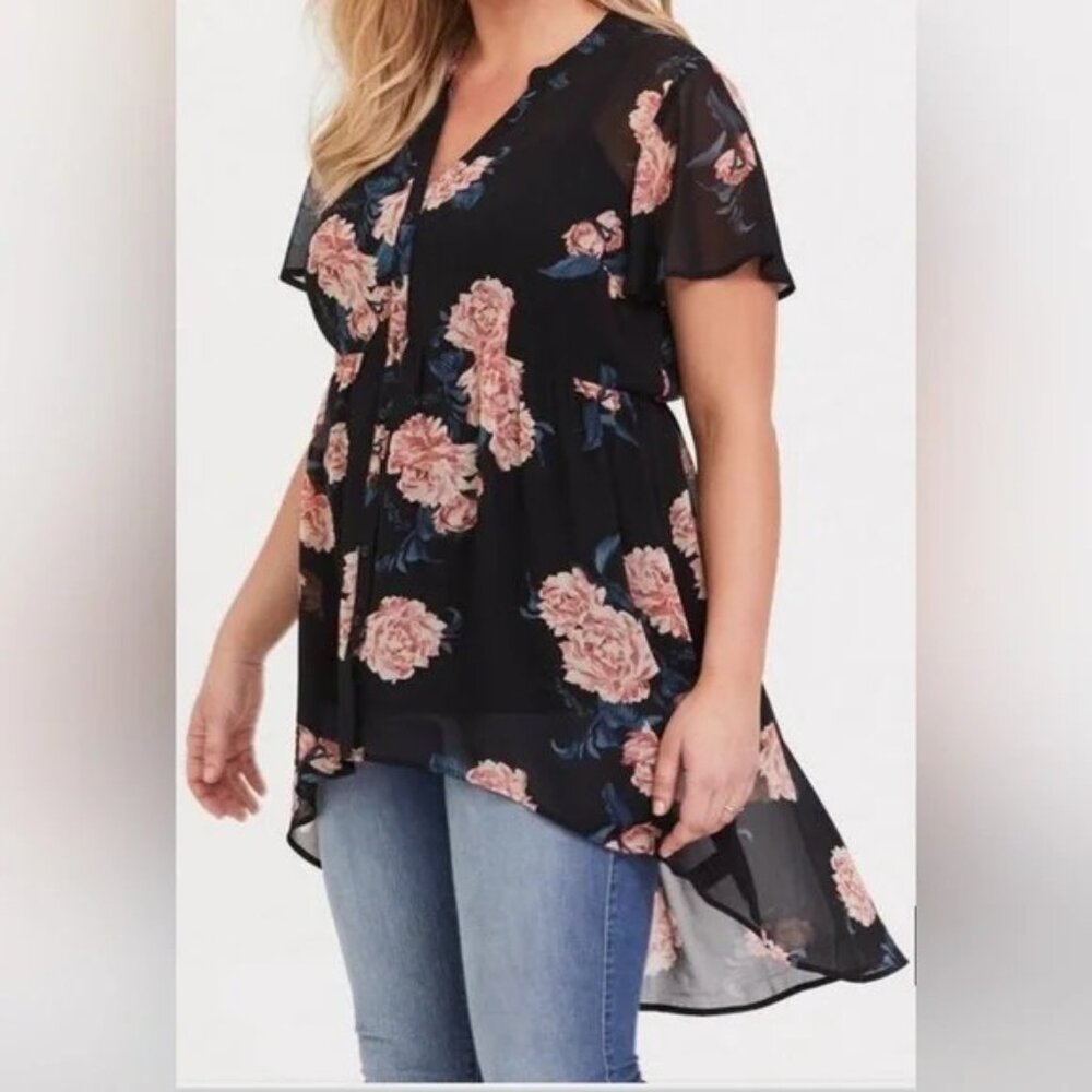 NWOT Torrid Black & Pink Floral Chiffon Babydoll Top Size 6X(30/32) - Picture 3 of 4